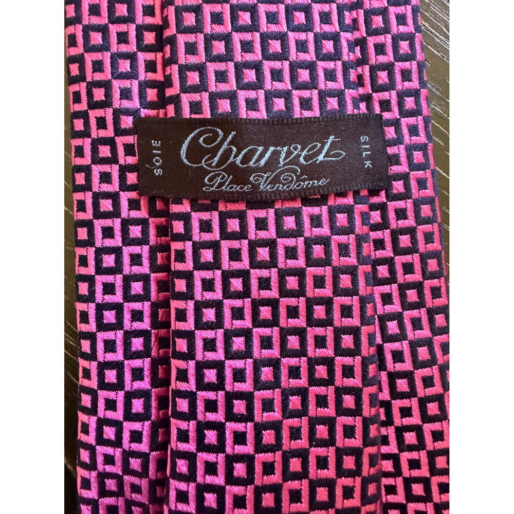 Charvet Place Vendome Pink Navy Blue Geometric Square Silk Tie Made in France